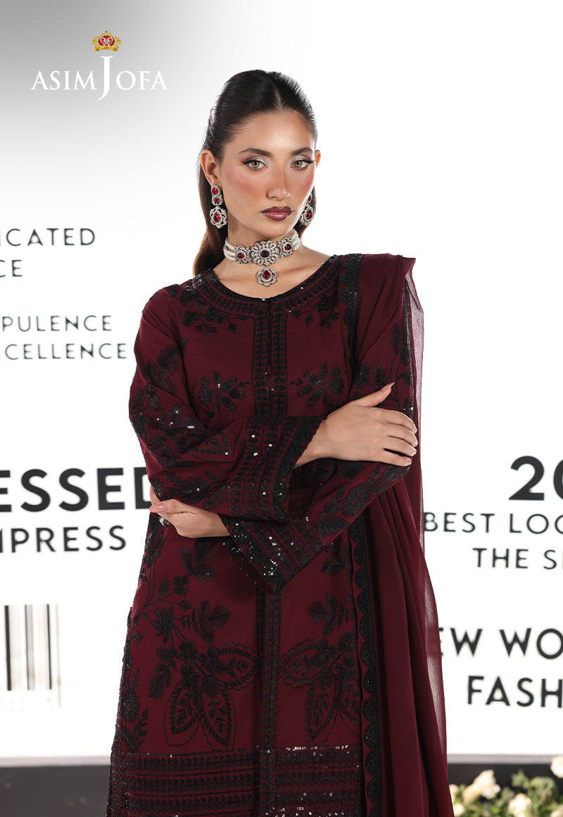 Asim Jofa 3 Piece Custom Stitched Suit - Maroon - LB30499