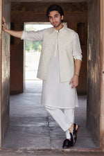 Qalamkar 3 Piece Custom Stitched Suit - Off-White - LB289092