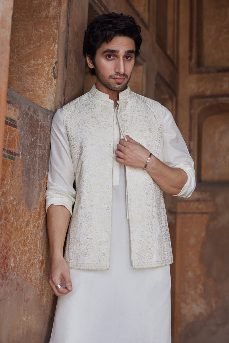 Qalamkar 3 Piece Custom Stitched Suit - Off-White - LB289092