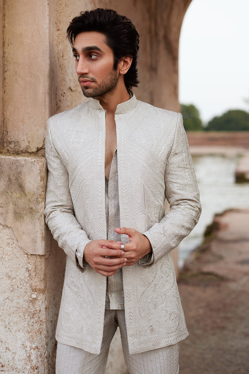 Qalamkar 3 Piece Custom Stitched Suit - Beige - LB289093
