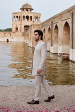 Qalamkar 3 Piece Custom Stitched Suit - Beige - LB289093