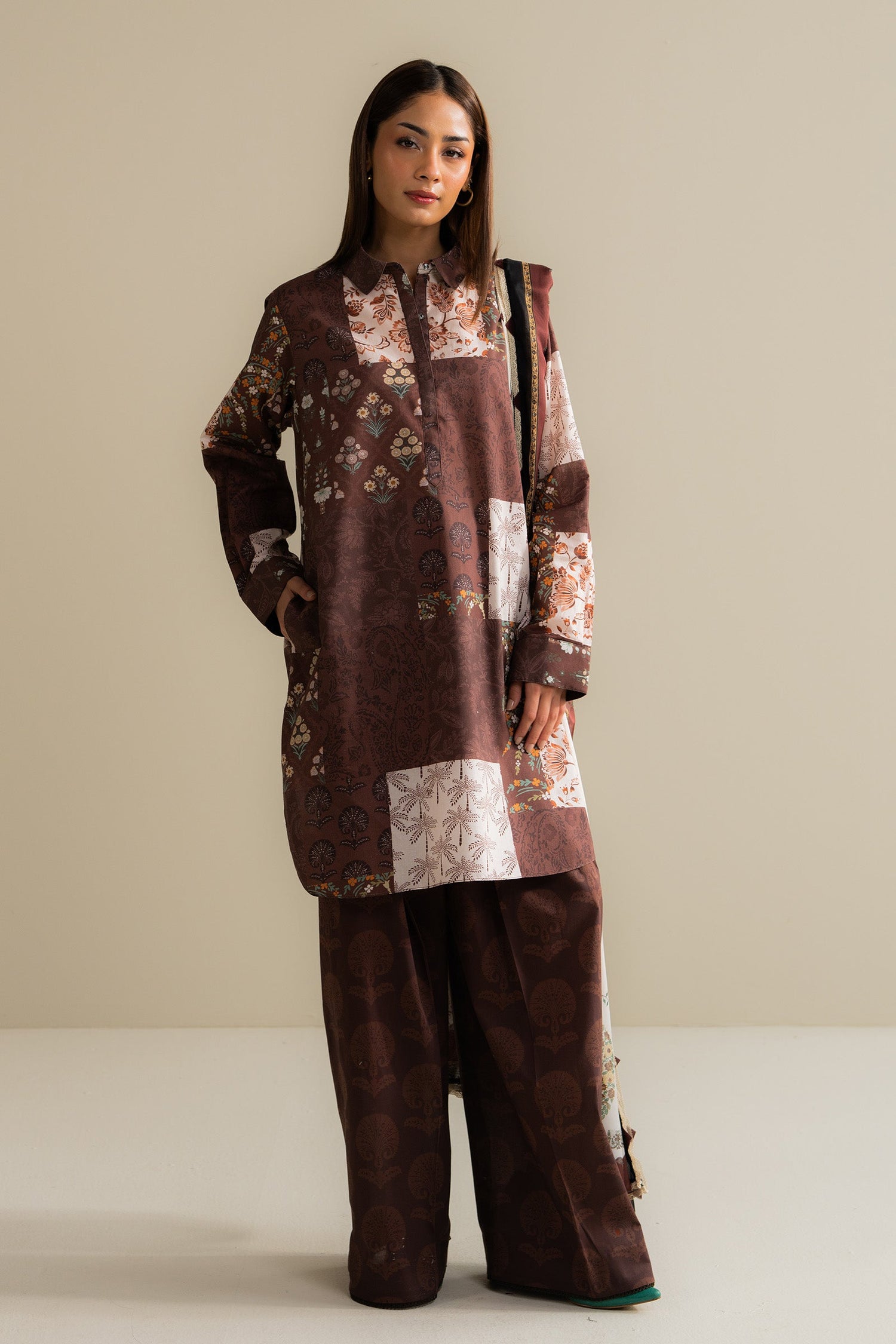 Zara Shahjahan 3 Piece Custom Stitched Suit - Brown - LB30521