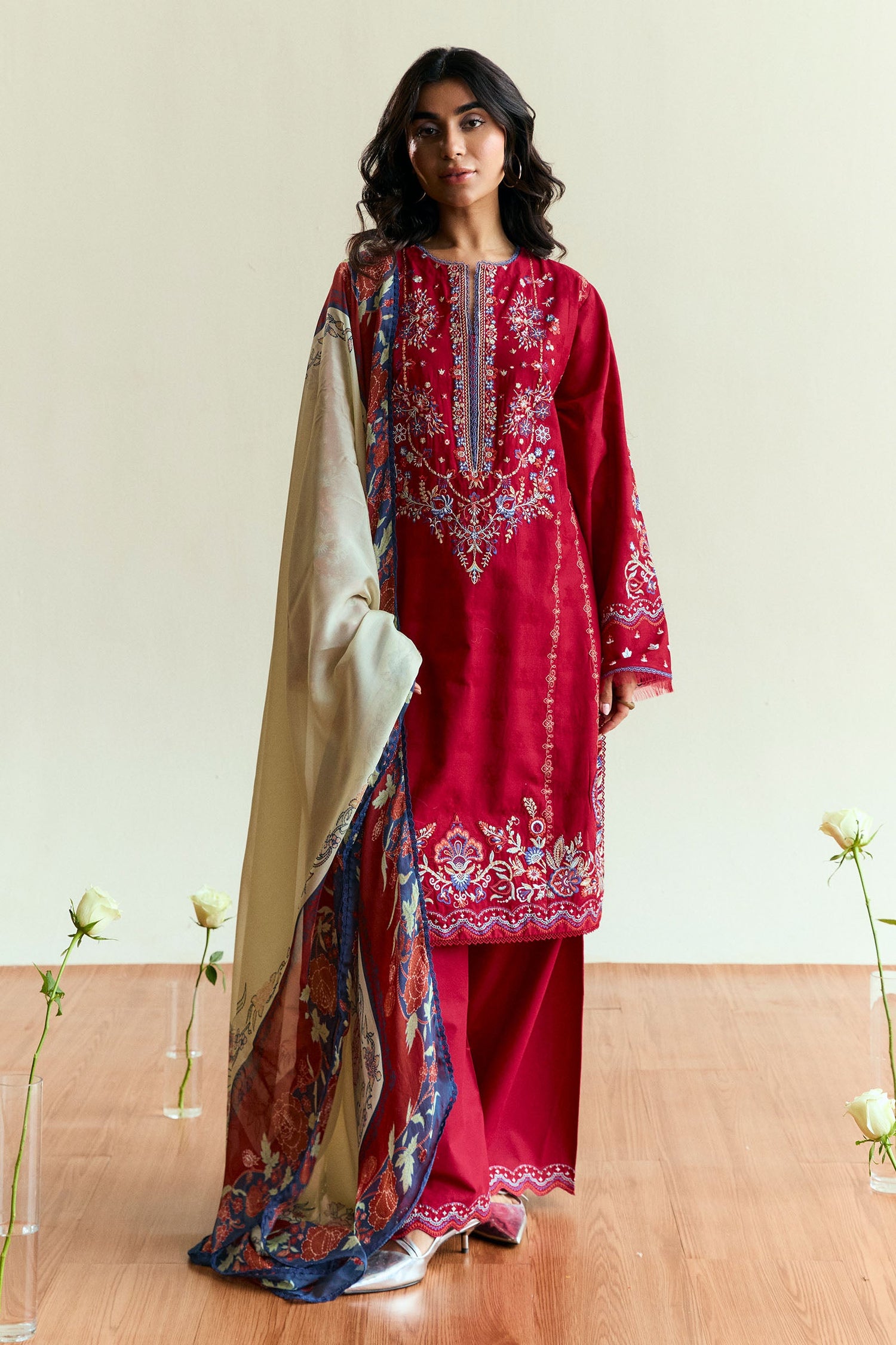 Zara Shahjahan 3 Piece Custom Stitched Suit - Red - LB30406