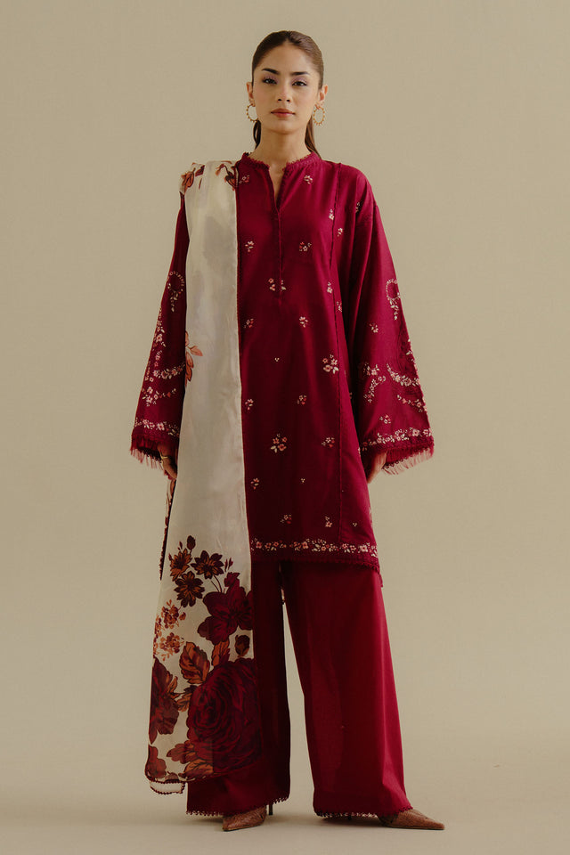 Zara Shahjahan 3 Piece Custom Stitched Suit - Red - LB30224