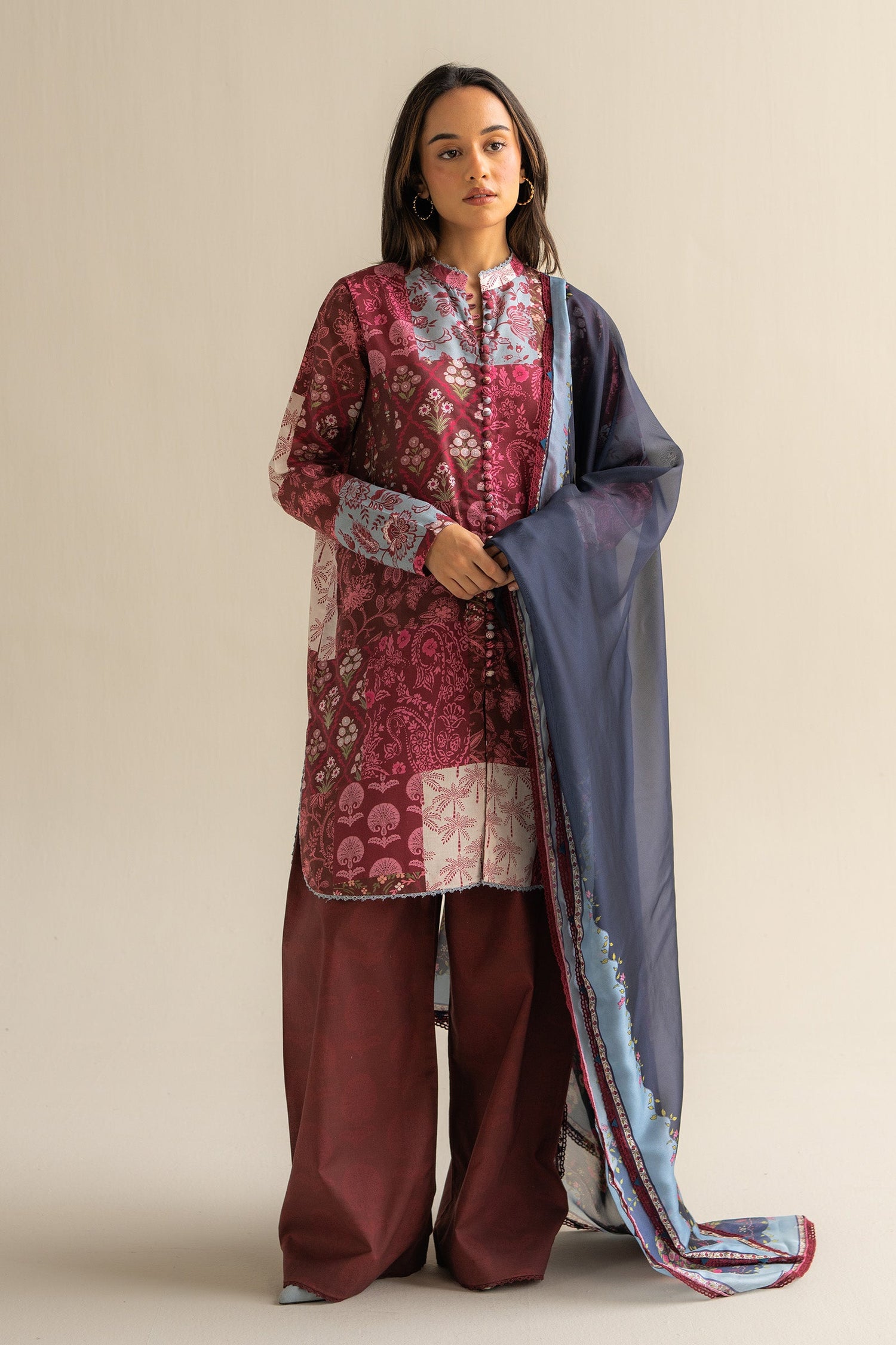 Zara Shahjahan 3 Piece Custom Stitched Suit - Maroon - LB30520