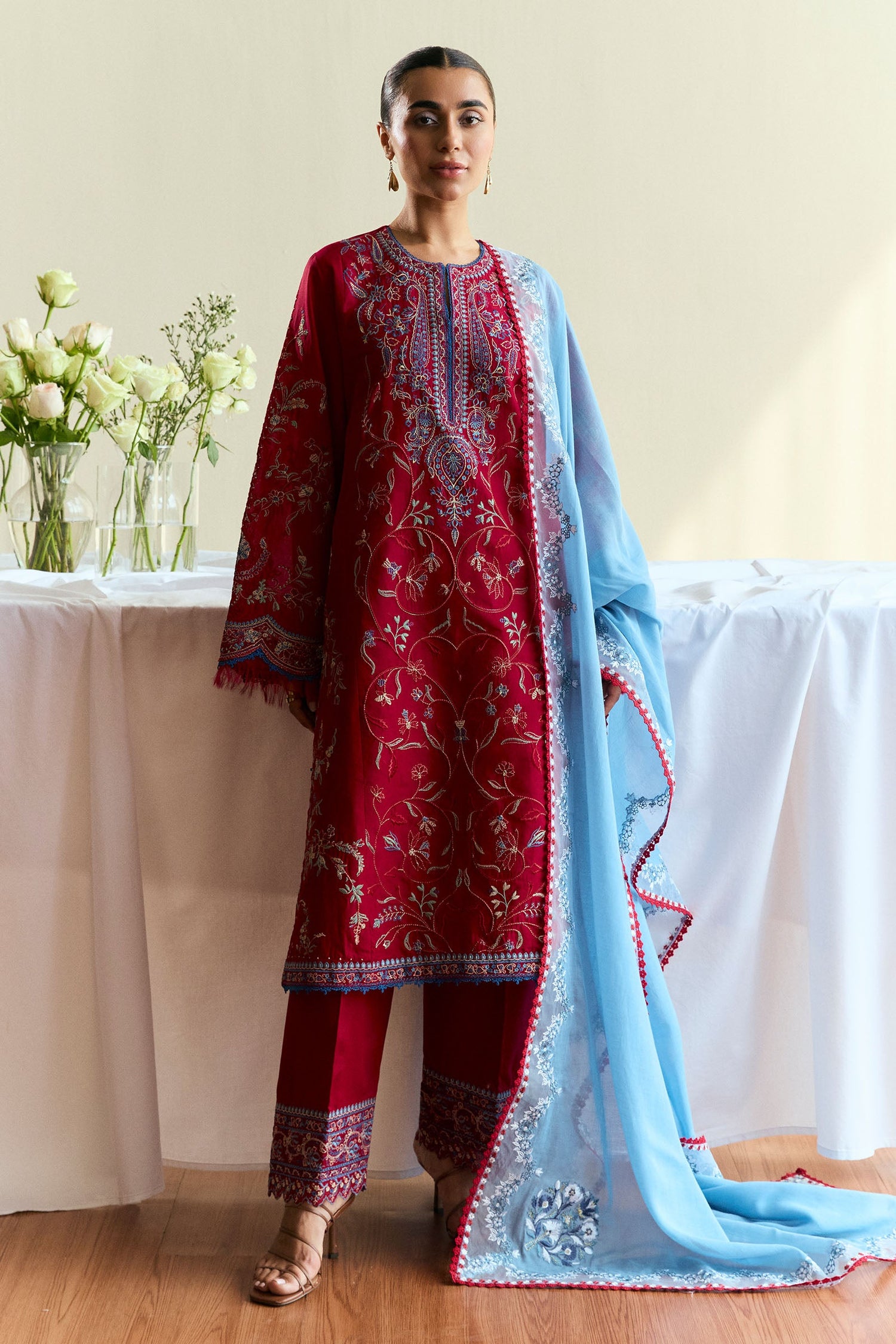 Zara Shahjahan 3 Piece Custom Stitched Suit - Red - LB30411