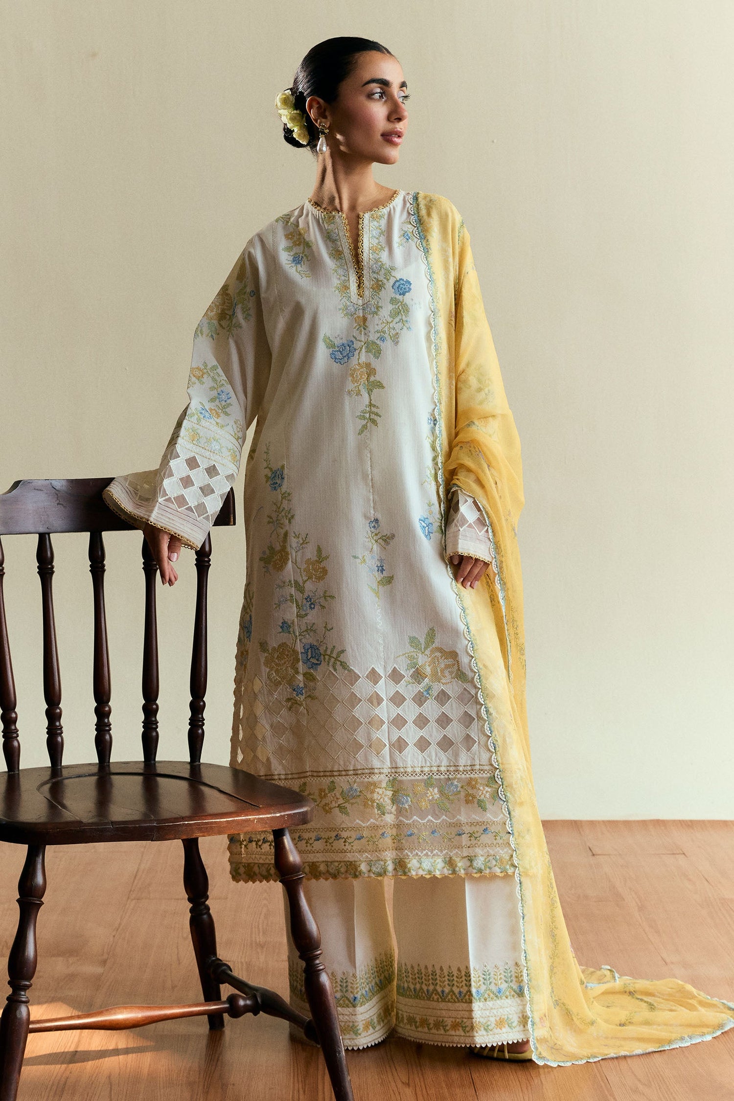 Zara Shahjahan 3 Piece Custom Stitched Suit - Off-White - LB30410