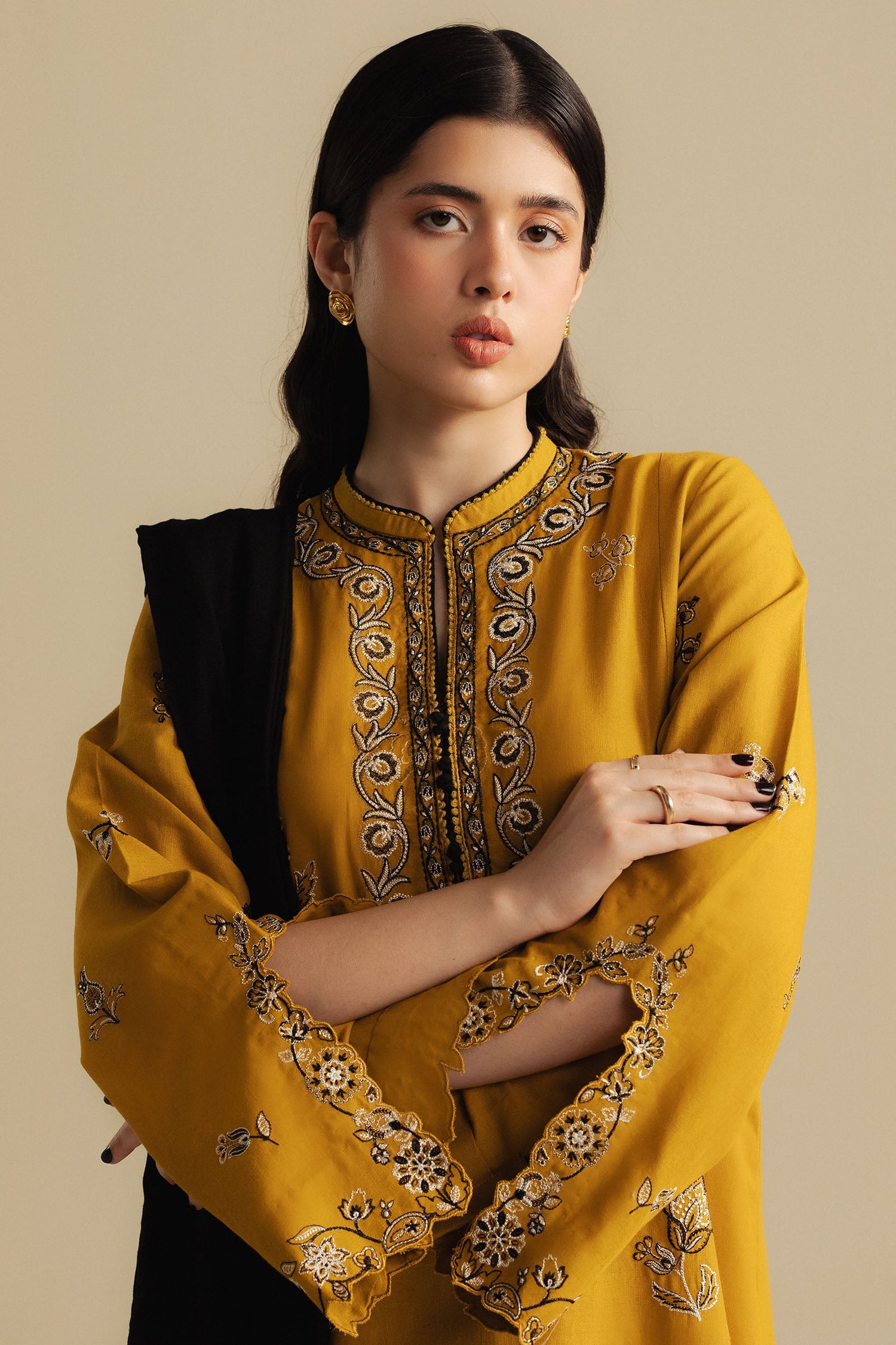 Zara Shahjahan 3 Piece Custom Stitched Suit - Mustard - LB30992