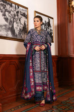 Maryam Hussain 3 Piece Custom Stitched Suit - Blue - LB30906