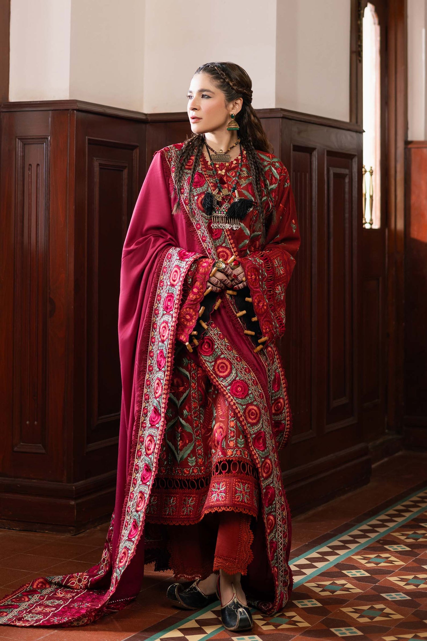 Maryam Hussain 3 Piece Custom Stitched Suit - Red - LB30908