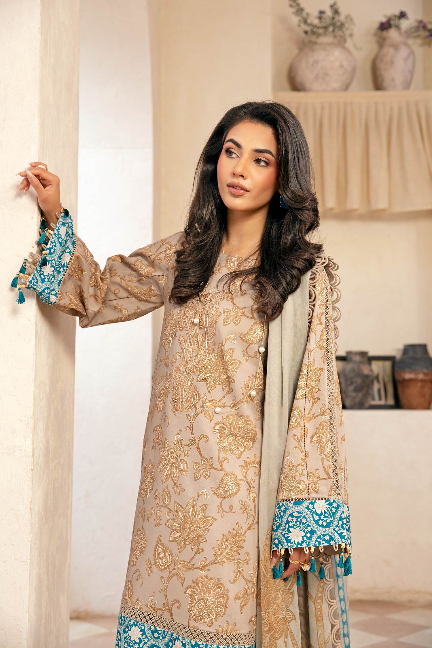 Maria.B 3 Piece Custom Stitched Suit - Beige - LB30278