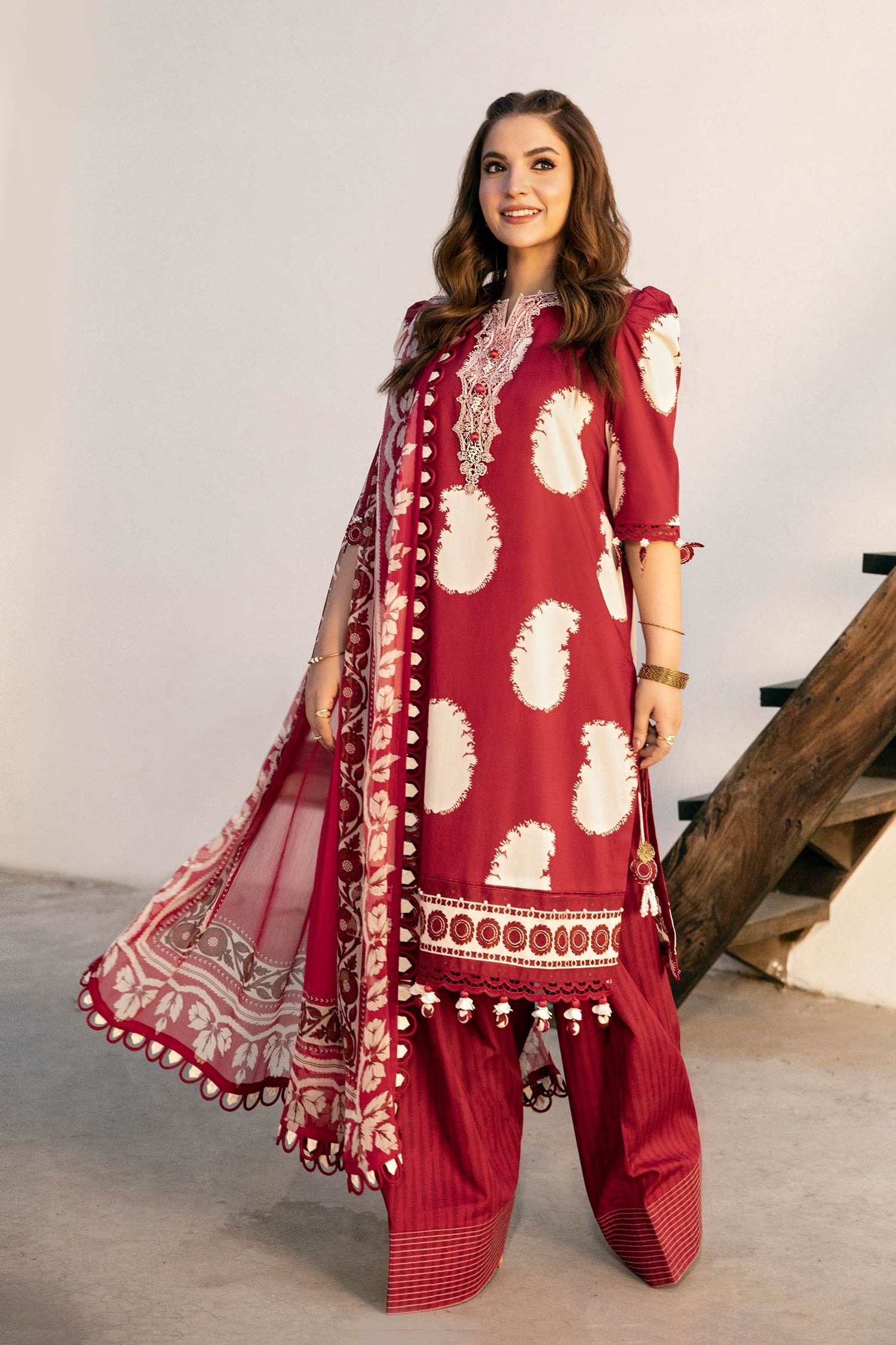 Maria.B 3 Piece Custom Stitched Suit - Maroon - LB30275