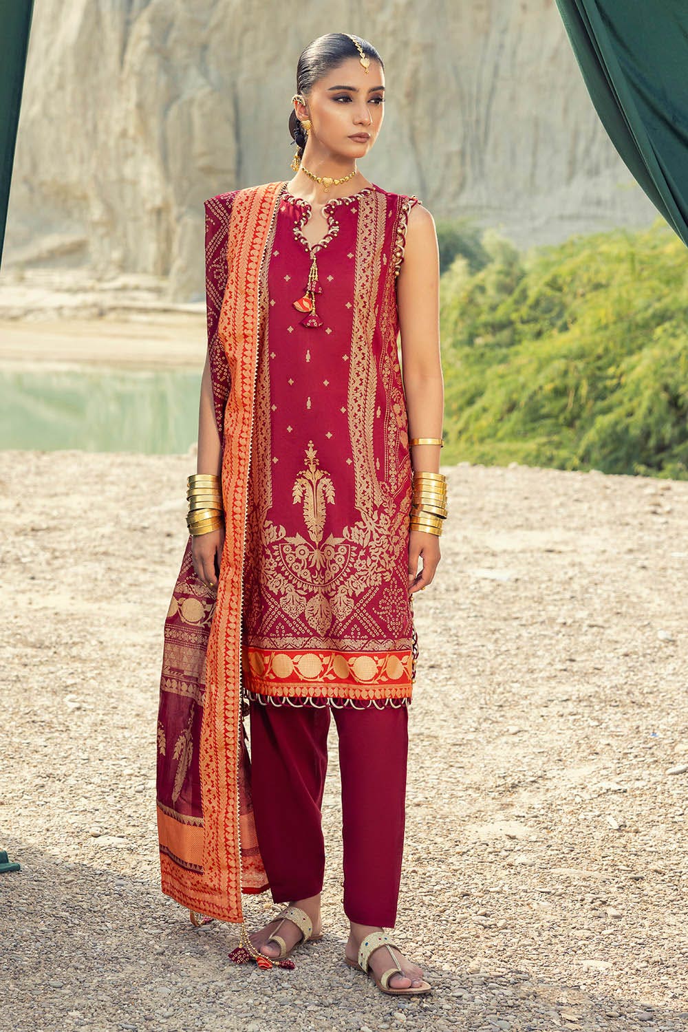 Gul Ahmed 3 Piece Custom Stitched Suit - Red - LB29875