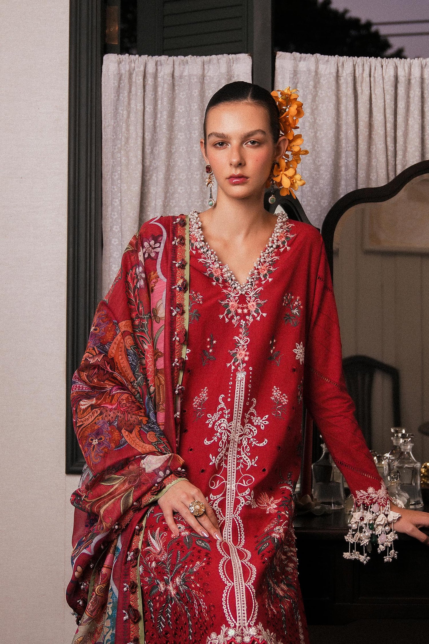 Sana Safinaz 3 Piece Custom Stitched Suit - Red - LB29569