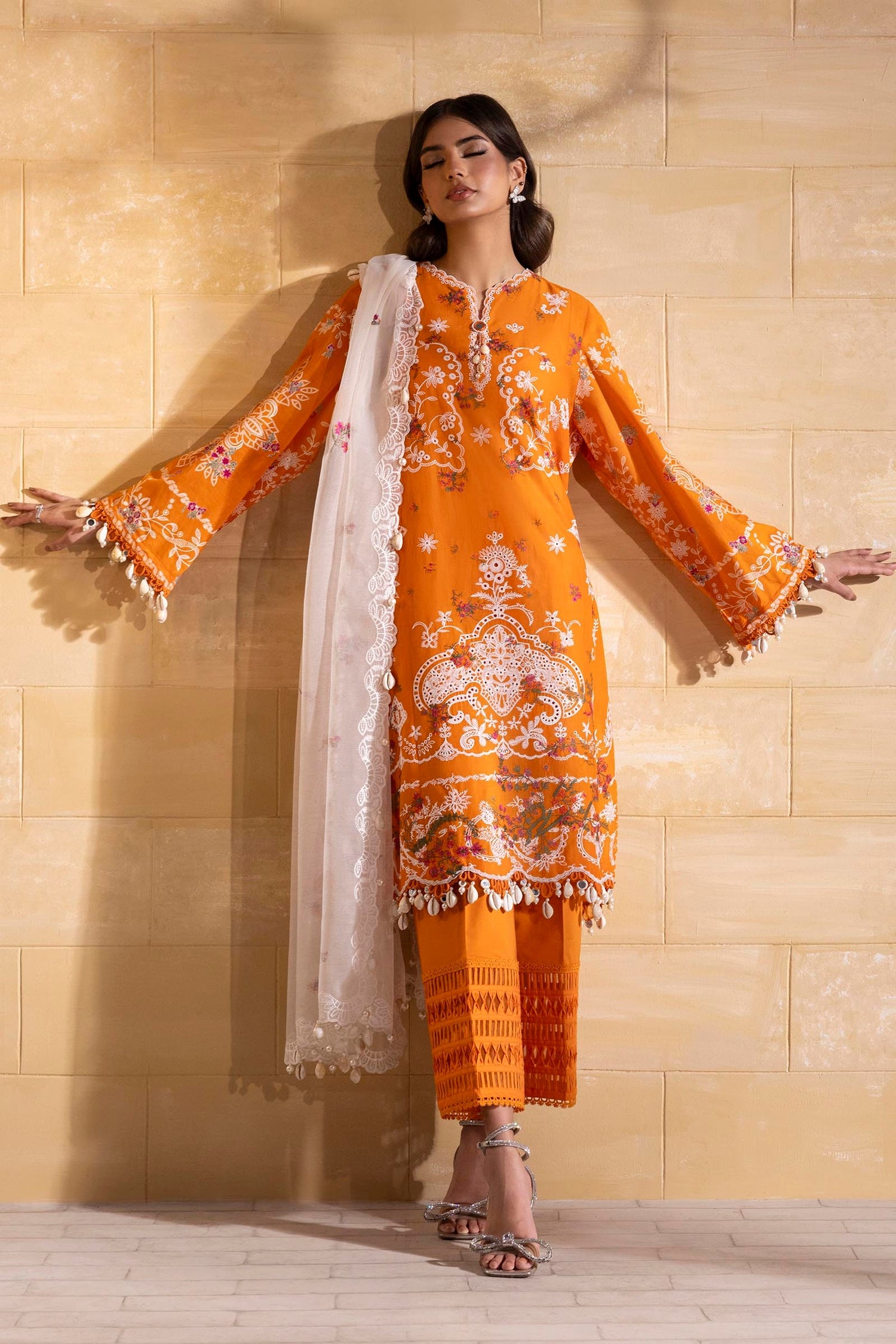 Sana Safinaz 3 Piece Custom Stitched Suit - Orange - LB29378
