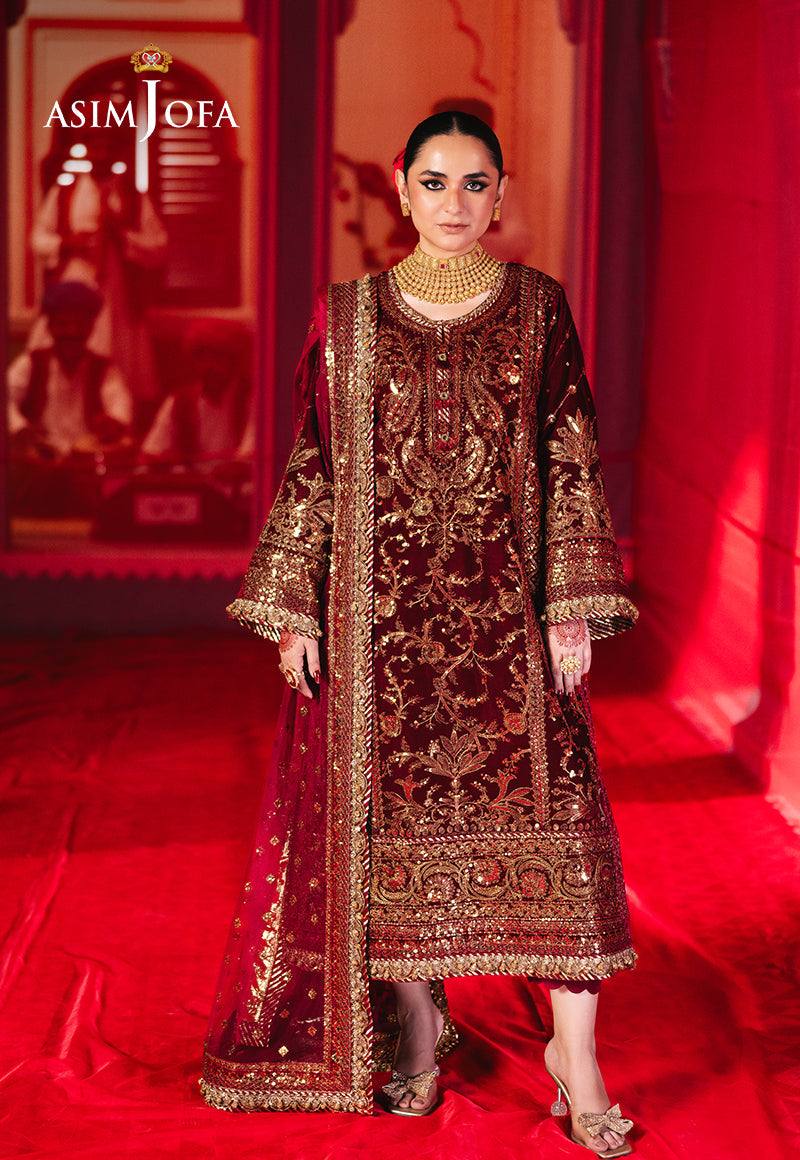 Asim Jofa 3 Piece Custom Stitched Suit - Maroon - LB289109