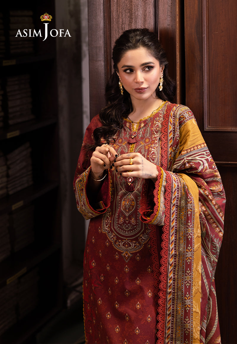 Asim Jofa 3 Piece Custom Stitched Suit - Maroon - LB28989