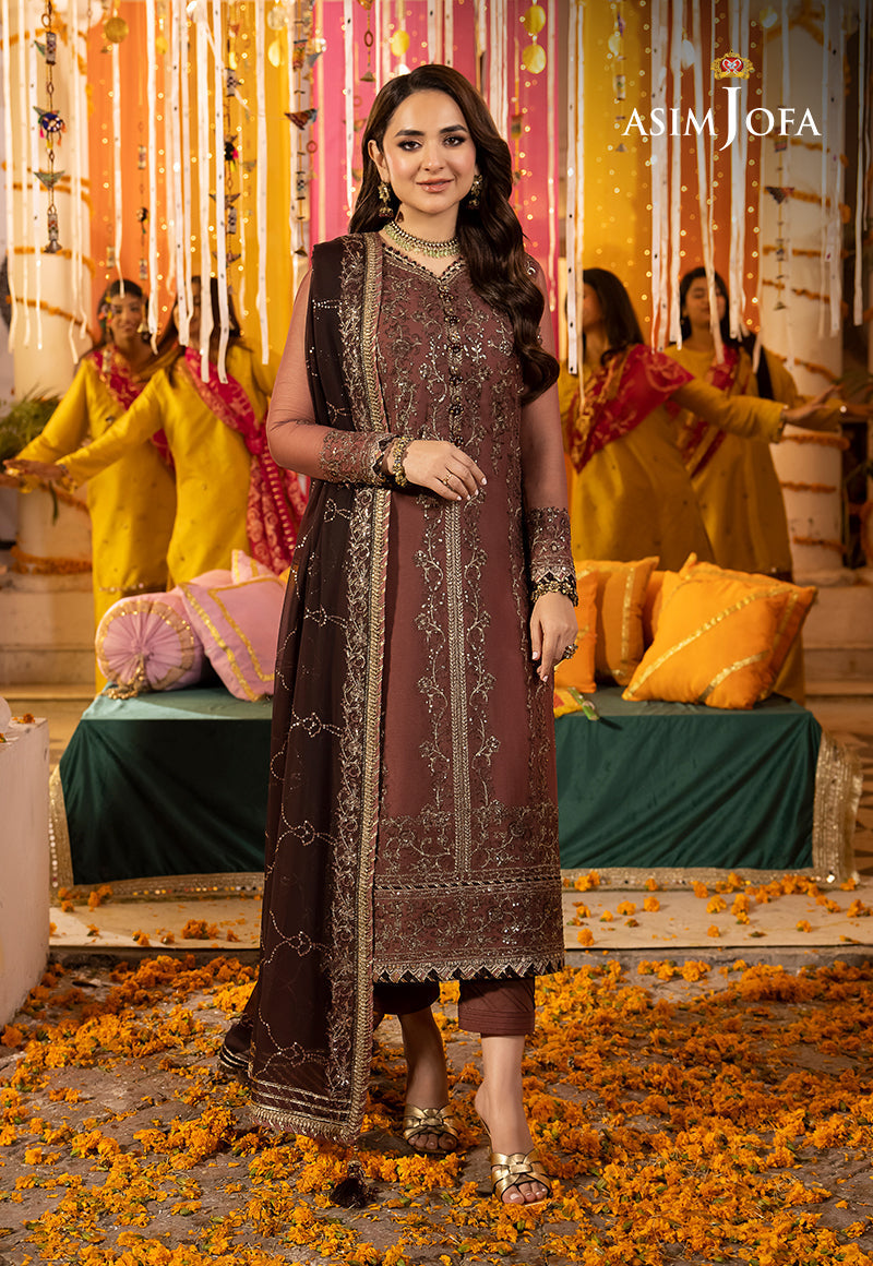 Asim Jofa 3 piece Custom Stitched Suit - Brown - LB285443