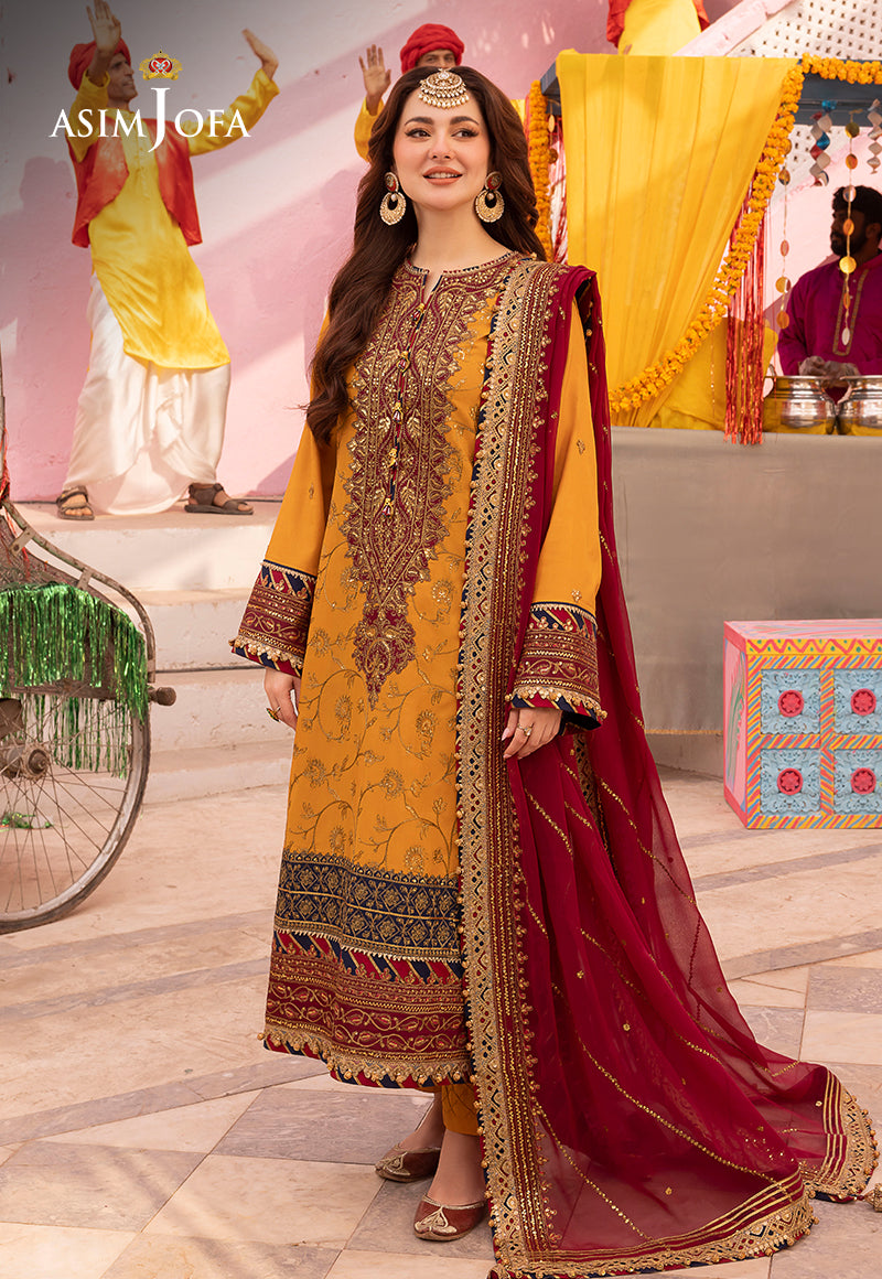 Asim Jofa 3 piece Custom Stitched Suit - Yellow - LB285438