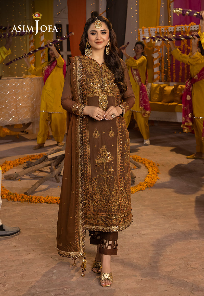 Asim Jofa 3 piece Custom Stitched Suit - Brown - LB285454