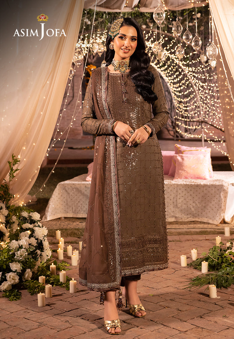 Asim Jofa 3 piece Custom Stitched Suit - Brown - LB285452