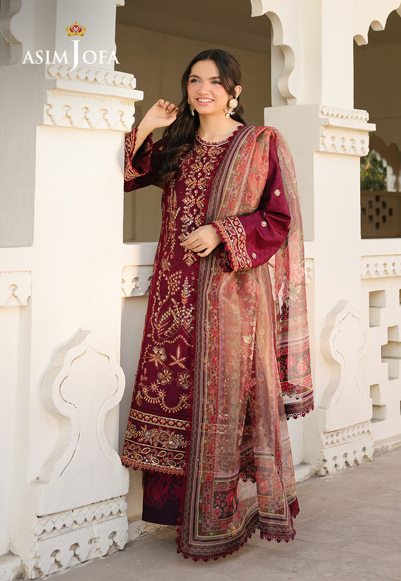 Asim Jofa 3 Piece Custom Stitched Suit - Maroon - LB29793