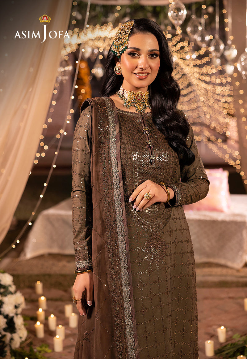 Asim Jofa 3 piece Custom Stitched Suit - Brown - LB285452