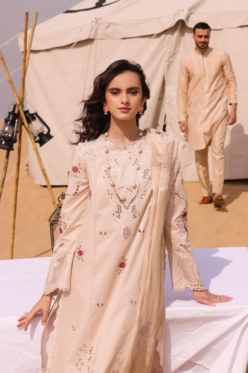 Qalamkar 3 Piece Custom Stitched Suit - Beige - LB286780