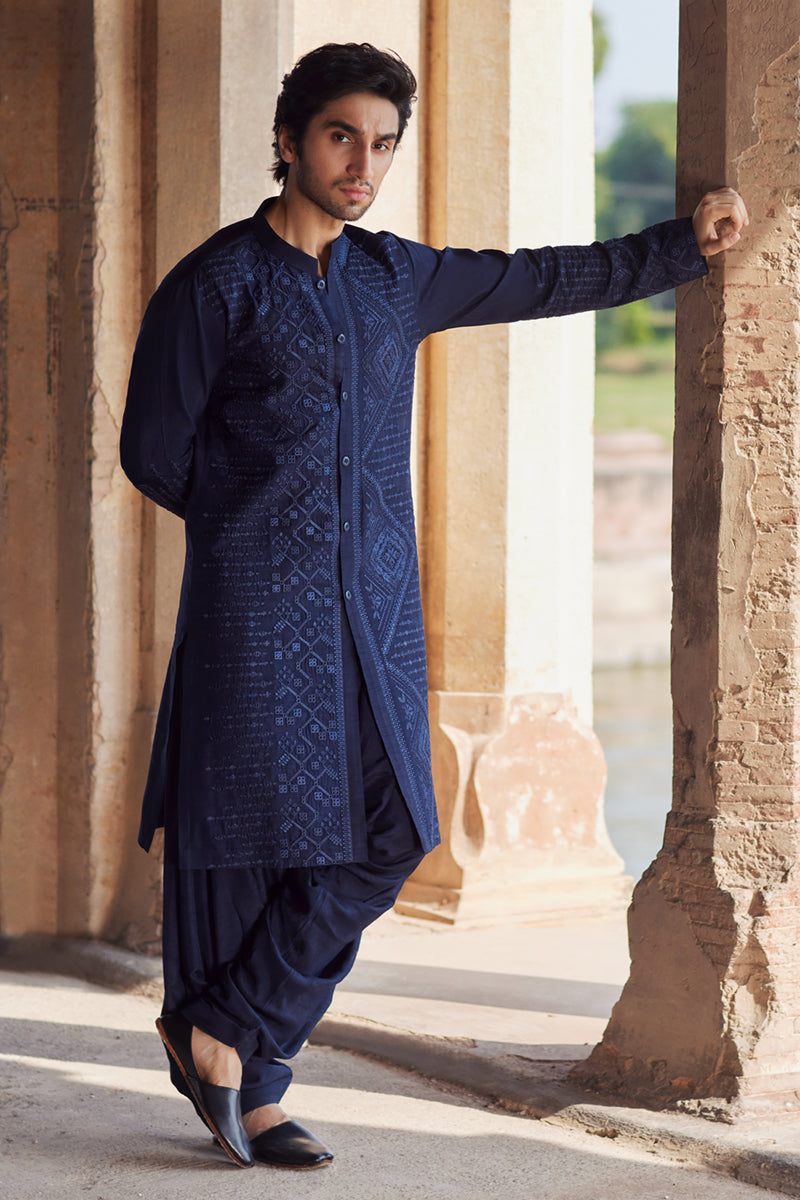 Qalamkar 2 Piece Custom Stitched Suit - Blue - LB289094