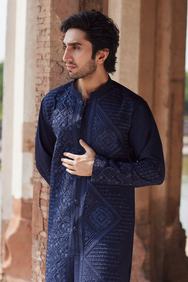 Qalamkar 2 Piece Custom Stitched Suit - Blue - LB289094