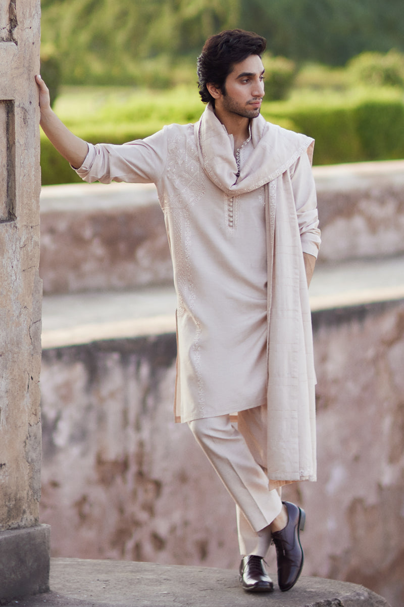 Qalamkar 3 Piece Custom Stitched Suit - Beige - LB289095