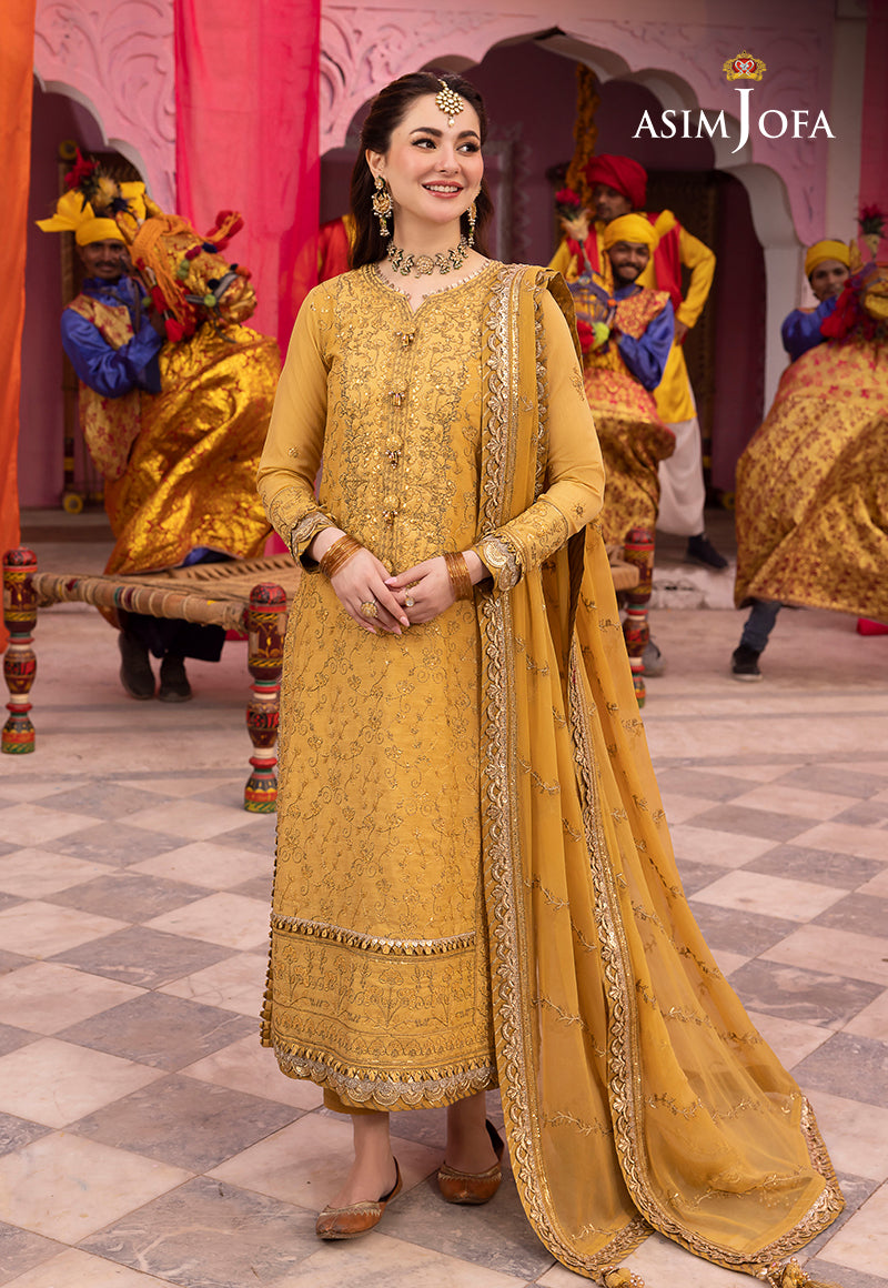 Asim Jofa 3 piece Custom Stitched Suit - Yellow - LB285446