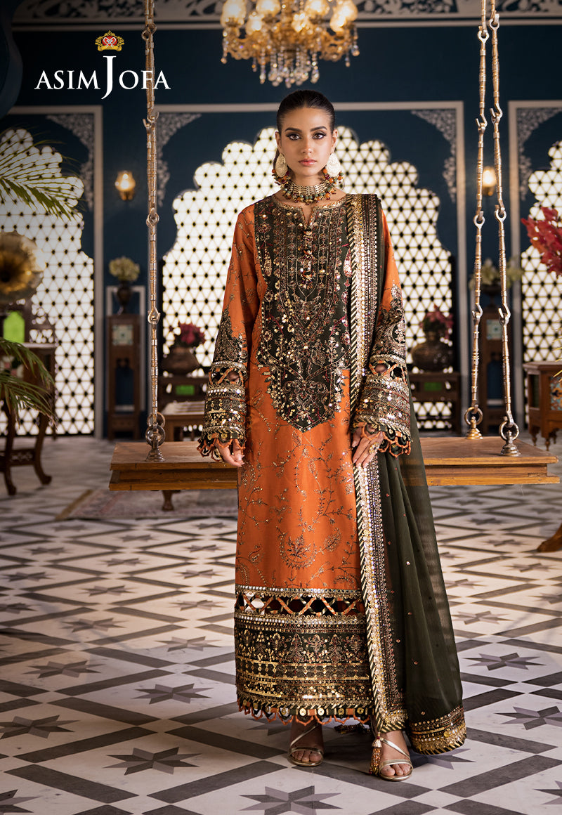 Asim Jofa 3 Piece Custom Stitched Suit - Orange - LB286472