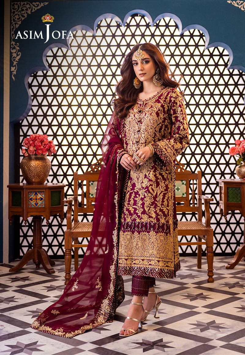 Asim Jofa 3 Piece Custom Stitched Suit - Maroon - LB286462