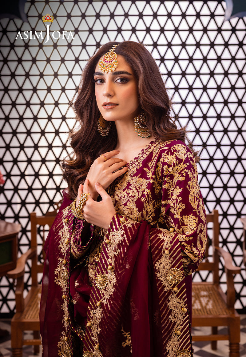 Asim Jofa 3 Piece Custom Stitched Suit - Maroon - LB286462