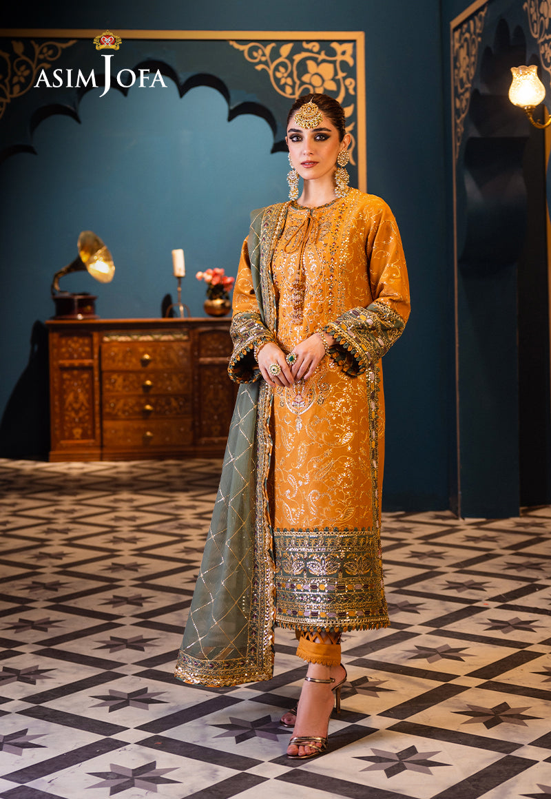 Asim Jofa 3 Piece Custom Stitched Suit - Mustard - LB286463