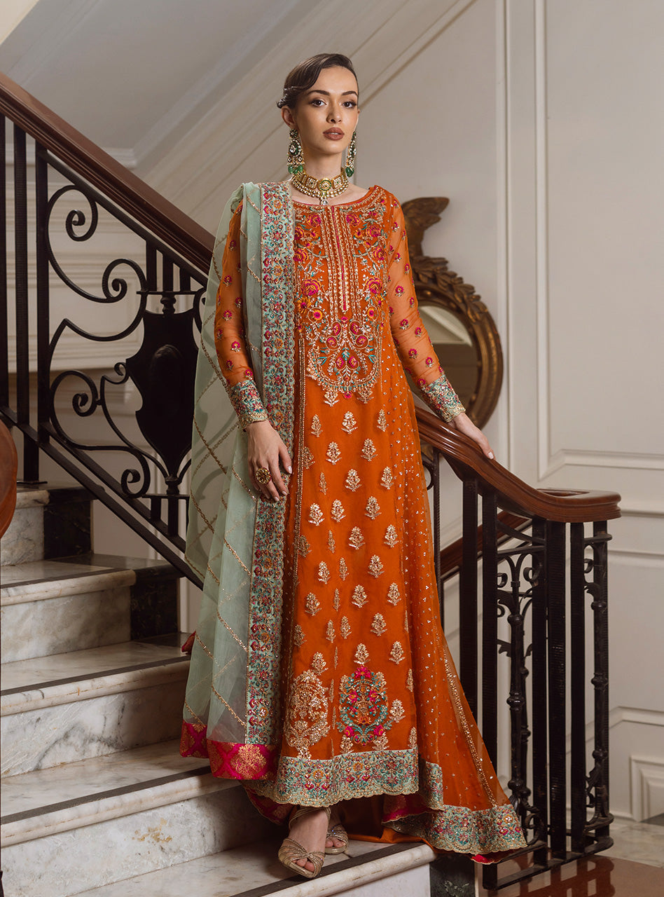 Libasco Zainab Chottani 3 Piece Custom Stitched Suit - Orange - LB288927