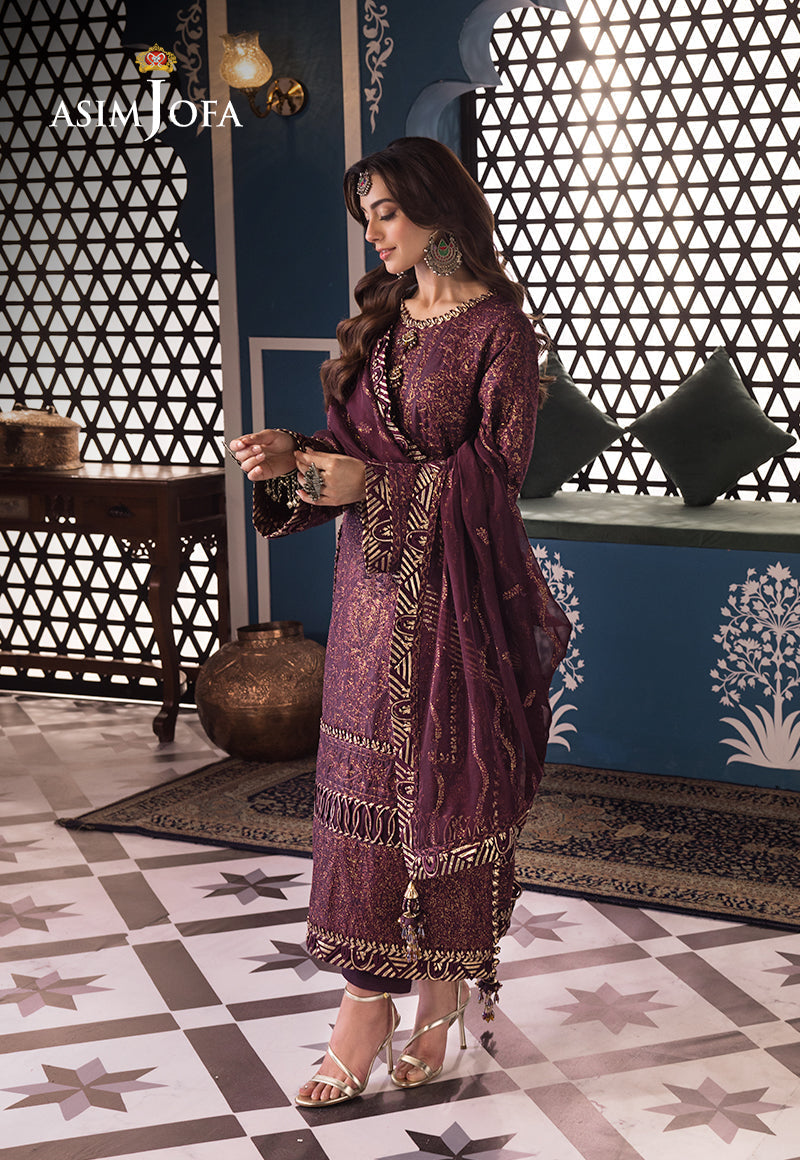 Asim Jofa 3 Piece Custom Stitched Suit - Purple - LB286473