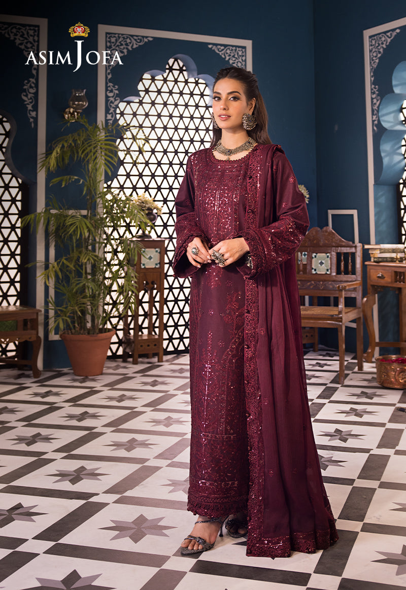 Asim Jofa 3 Piece Custom Stitched Suit - Maroon - LB286468