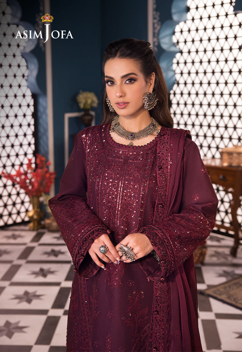 Asim Jofa 3 Piece Custom Stitched Suit - Maroon - LB286468