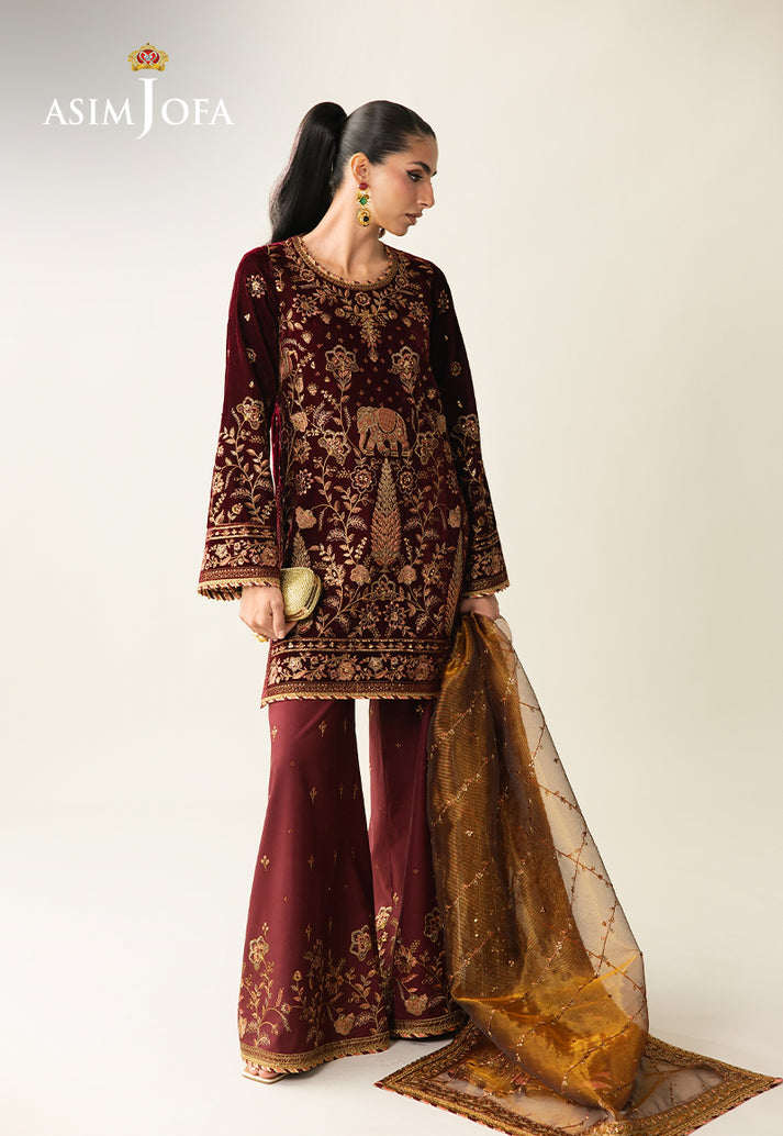 Asim Jofa 3 Piece Custom Stitched Suit - Maroon - LB31633