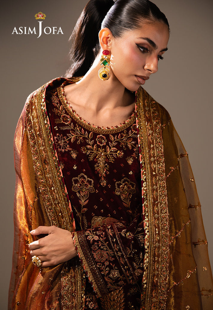 Asim Jofa 3 Piece Custom Stitched Suit - Maroon - LB31633