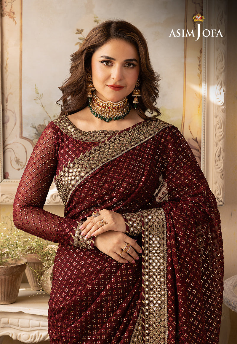 Asim Jofa 3 Piece Custom Stitched Suit - Maroon - LB285196