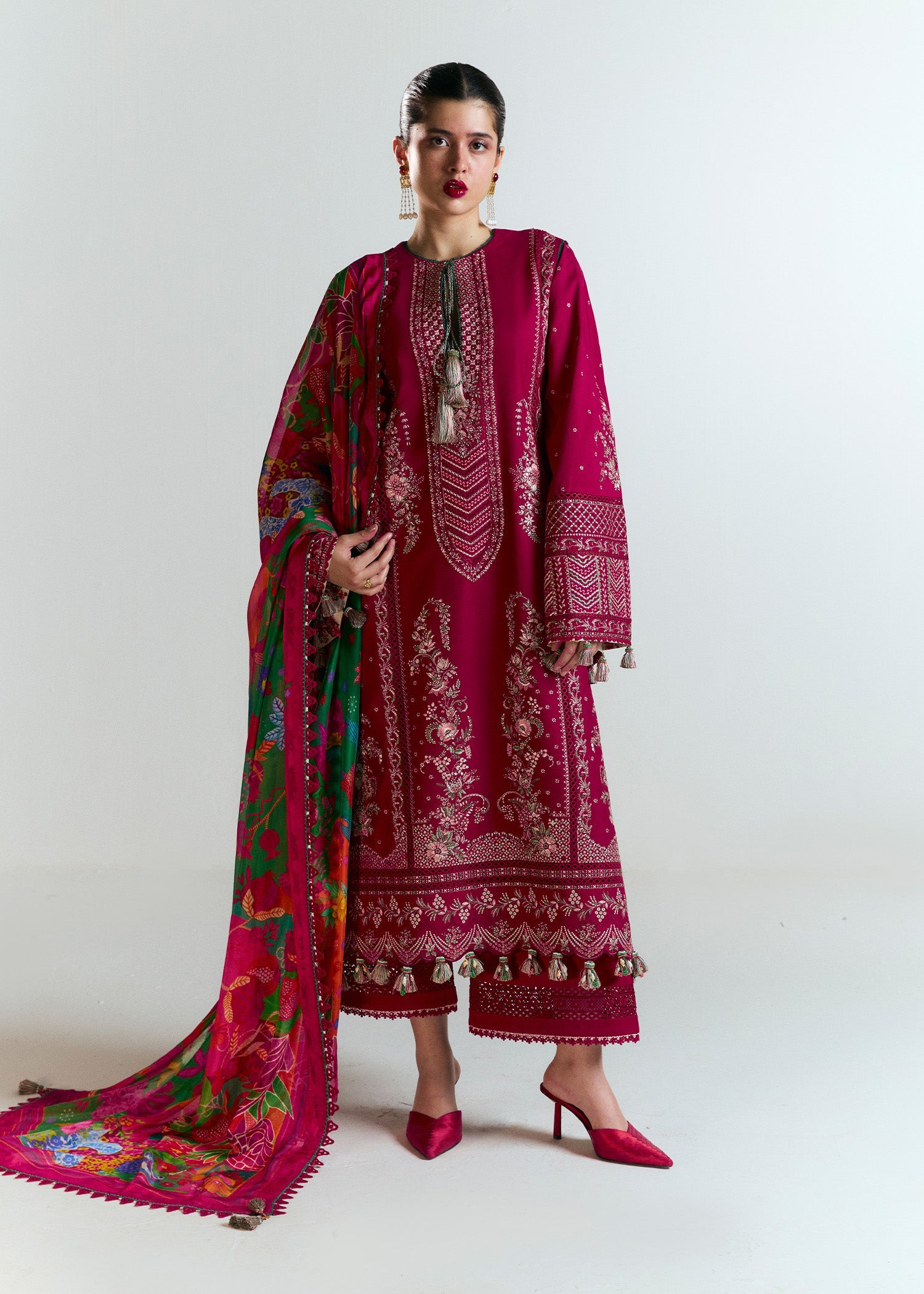 Hussain Rehar 3 Piece Custom Stitched Suit - Red - LB30329