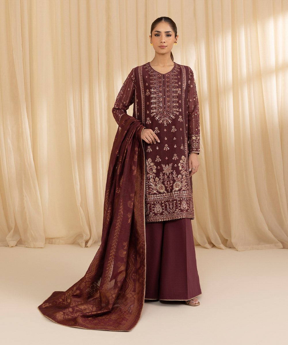 Libasco Sapphire 3 Piece Custom Stitched Suit - Maroon - LB288682