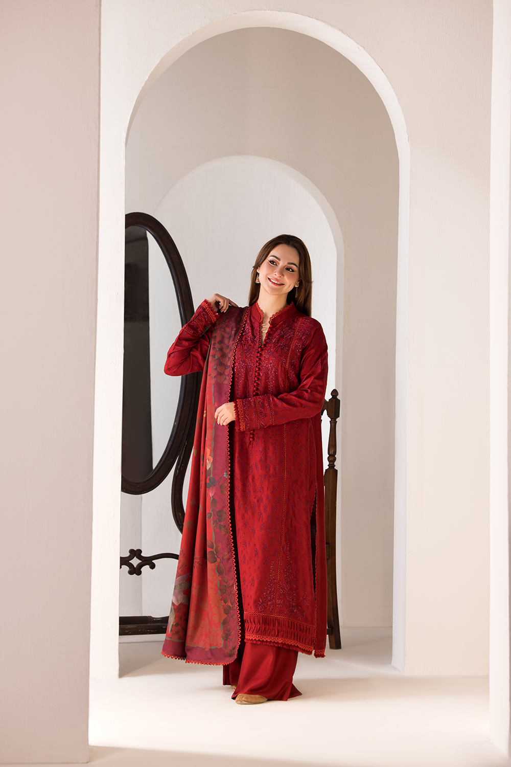 Libasco Sobia Nazir 3 Piece Custom Stitched Suit - Red - LB288919