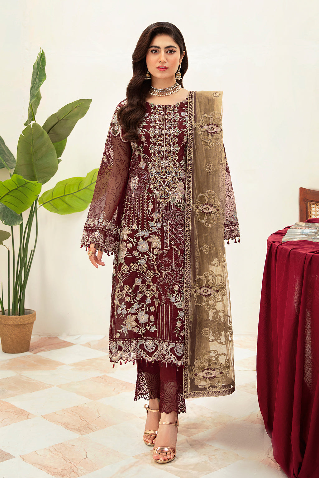 Ramsha 3 Piece Custom Stitched Suit - Maroon - LB285235