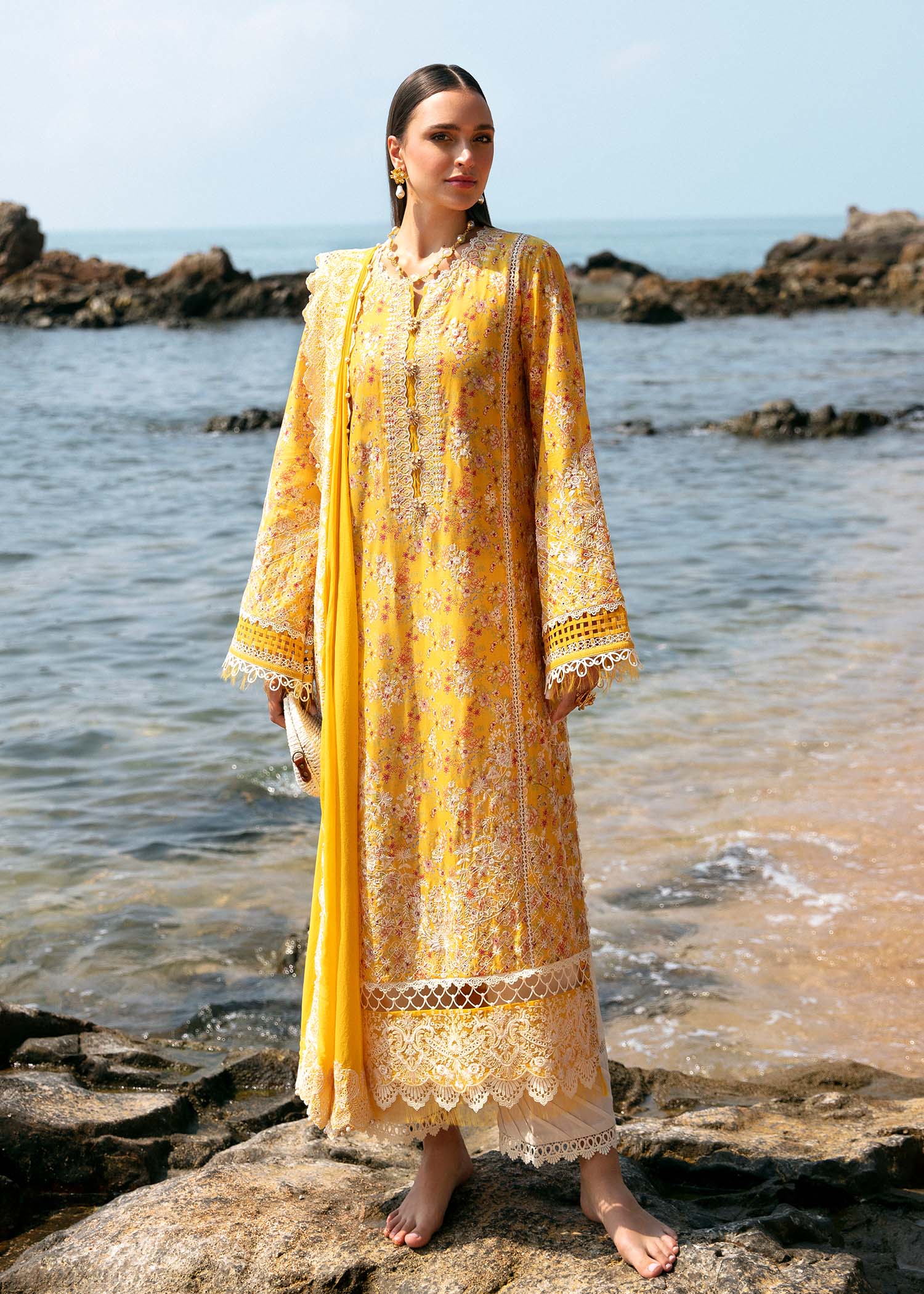 Kanwal Malik 3 Piece Custom Stitched Suit - Yellow - LB286695