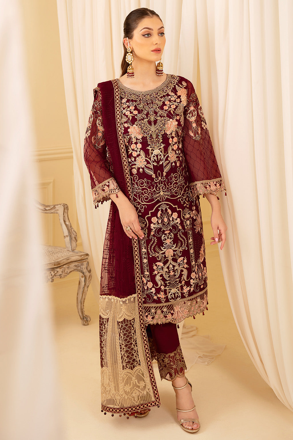 Ramsha 3 Piece Custom Stitched Suit - Maroon - LB26835