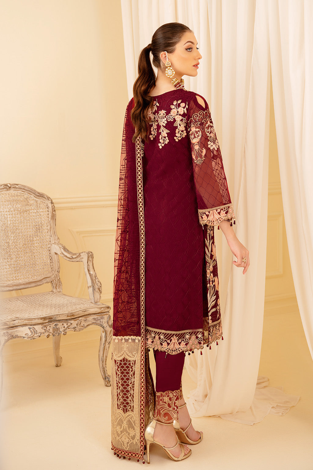 Ramsha 3 Piece Custom Stitched Suit - Maroon - LB26835